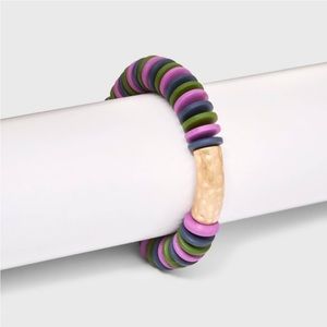 Wood Beaded and Hammered Bar Stretch Bracelet - Universal Thread